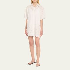 Matteau everyday poplin mini shirtdress in delicate floral broderie features a scalloped hem finish  Spread collar Full button front  Short sleeves Hem falls above the knee Organic cotton Unlined Made in Australia Cotton Mini Dress With Embroidered Hem, Chic Embroidered Cotton Mini Dress, Beach Mini Embroidered Cotton Dress, Cotton Broderie Anglaise Knee-length Dress, White V-neck Mini Dress With Broderie Anglaise, Evening Flats, Cocktail Jacket, Scalloped Hem, Lingerie Sleepwear