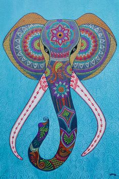 an elephant painted in bright colors on a blue background