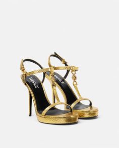 Medusa '95 Snake-Effect Sandals 115 mm Gold | VERSACE US Versace High Heels, Versace Heels, Versace Women, Heels Gold, Fancy Shoes, Satin Heels, Airport Fashion, Goat Leather, Iconic Women