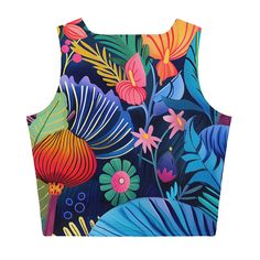 Look fabulous in an all-over printed, body-hugging crop top, now offering FREE SHIPPING to the US, Canada, EU, and UK! The artwork This artwork is a vivid and richly detailed depiction of a variety of African flowers, showcasing a tapestry of vibrant colors and intricate patterns. The piece features a dynamic assortment of floral elements, including large, bold blossoms and delicate foliage, all set against a deep blue background. The use of contrasting colors and stylized forms captures the lus Summer Digital Print Patterned Tops, Printed Multicolor Cropped Top, Multicolor Printed Cropped Top, Multicolor Printed Cropped Crop Top, Multicolor Floral Print Crop Top, Spring Patterned Tops With Digital Print, Fitted Multicolor Floral Print Crop Top, Blue Graphic Print Crop Top, Artistic Multicolor Floral Print Tops