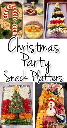 christmas party snack platters are shown in this collage