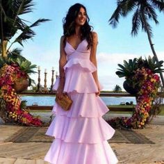 A Line V Neck Open Back Pink Satin Tiered Long Prom Dress. Brand New Never Work Formal Wedding Guest Dresses, Prom Dresses Unique, Sukienki Maksi, Unique Party Dresses, Robes Glamour, Ruffle Prom Dress, Prom Dresses Simple, Prom Inspo, Dresses Unique