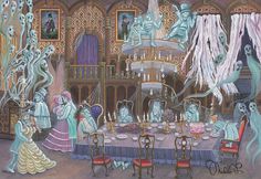 an image of a dining room scene painted in pastel pencils and watercolor