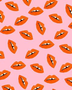 many orange lips with white teeth on a pink background