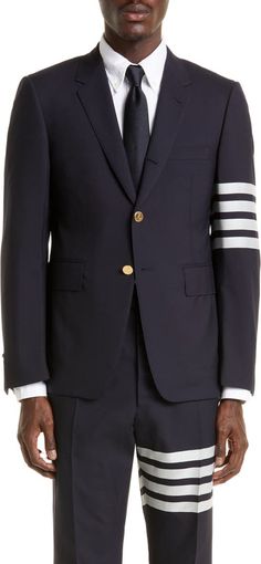 Thom Browne 4 Bar Mélange Wool Sport Coat | Nordstrom Luxury Striped Long Sleeve Blazer, Luxury Striped Business Outerwear, Luxury Striped Outerwear For Business, Luxury Striped Blazer For Workwear, Luxury Striped Blazer For Office, Luxury Single-breasted Striped Blazer, Classic Striped Sport Coat With Welt Pockets, Classic Workwear Outerwear With Striped Cuffs, Luxury Striped Blazer With Notch Lapel