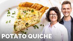 a man and woman standing in front of a plate of food with the words potato quiche on it