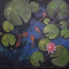 koi in lily pond fine art mary hubley Lily Pad Oil Painting, Oil Painting Water Lilies, Painting Pond Water, Pond Landscaping Painting, Koi Oil Painting, Lily Pad Acrylic Painting, Frog Pond Painting, Pond With Lily Pads Painting, Lily Pad Pond Painting