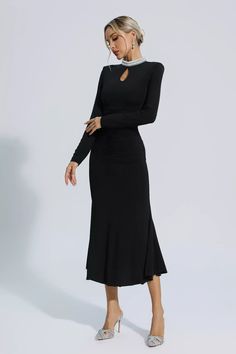 Elegant Long Sleeve Dress For Fall Gala, Elegant Black Long Sleeve Dress For Night Out, Elegant Evening Long Sleeve Dress, Elegant Long Sleeve Evening Dress For Fall, Elegant Long Sleeve Evening Dress, Elegant Long Sleeve Dress For Fall, Elegant Long Sleeve Belted Party Dress, Chic Black Long Sleeve Dinner Dress, Chic Black Long Sleeve Dress For Dinner