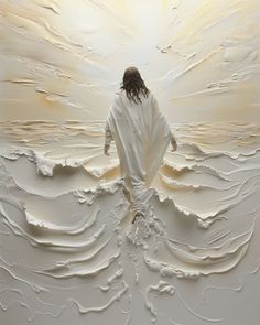 a painting of a person standing in the middle of water with white waves on it