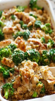 a casserole dish with broccoli and meat in it, ready to be eaten