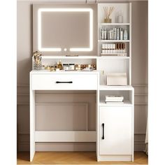 Vanity Desk with LED Lighted Mirror & Power Outlet Color: White. White Vanity Desk With Drawers, White Vanity Set, White Vanity Desk, Shelves For Bedroom, Makeup Vanity Desk, Table Makeup, Large Storage Cabinets, Drawer Vanity