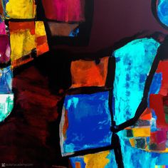 an abstract painting with blue, red, yellow and orange squares on it's surface