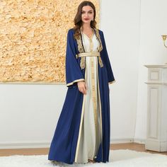 Elevate your style with our stunning collection of Caftan Dresses for Women. Perfect for parties, evenings, and special occasions, these dresses embody the essence of Dubai, Moroccan, and Oriental elegance. This 2-piece set includes an exquisite robe and a belt, creating a truly captivating ensemble. Crafted from high-quality woven fabric, these dresses offer a luxurious feel and a flattering drape. The polyester material ensures durability, allowing you to enjoy these dresses for many occasions Kaftan Co Ord Set, Ramadan Kaftan, Blue Abaya, Abaya Style, Moroccan Caftan, Evening Dresses Short, Abaya Dress, Caftan Dress, Elegant Dresses Long