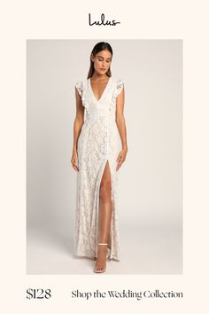 a woman in a white dress with the words shop the wedding collection on it's side