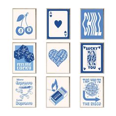 six blue and white cards with different designs