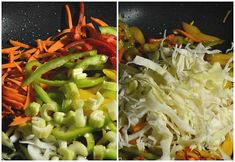 two pictures showing different types of vegetables being cooked in a wok with grated parmesan cheese on top