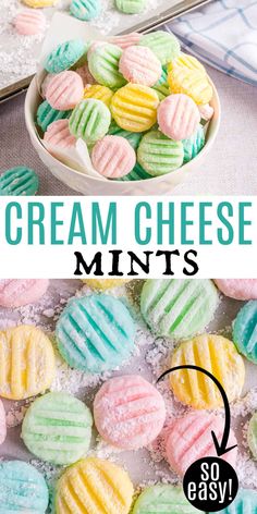 an image of colorful ice cream cookies with text overlay that reads creamy cheese mints