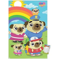 three pug family standing in front of a rainbow