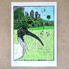 there is a bird that is standing in the grass with buildings in the background and trees on the other side