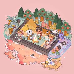 an illustration of people playing video games on a nintendo game console in front of trees and flowers