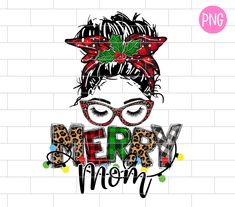 merry mama with glasses and holly wreath on her head, in front of a brick wall