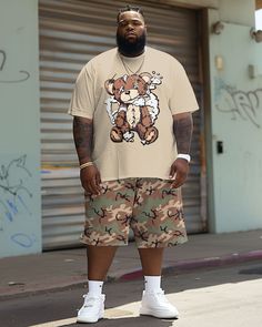 This big guy's T-shirt and shorts set is full of hip-hop elements. An injured bear cartoon print paired with a camouflage element, isn't it interesting? The loose version provides excellent comfort and is suitable for spring and summer, making you confident on the street. Specifications: Type: Short Sleeve T-shirt Shorts Set Design: Print, Khaki, Bear, Camouflage Style: Hip Hop Size: L to 9XL Fit: Loose Neckline: Crew Sleeve Length: Short Sleeve Elasticity: Slightly Elastic Care and Cleaning: Ma Casual Camouflage T-shirt For Streetwear, Casual Bear Print T-shirt For Streetwear, Big Guys, Party Summer, Sports Travel, Father Son, Men's Suit, Short Suit, Street Casual