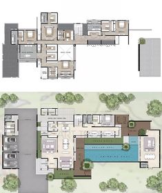 the floor plan for this modern home shows two levels and three rooms, with an outdoor pool