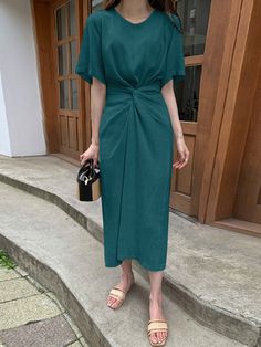 Cotton Solid Bowknot Short Sleeve Maxi Dress Elegant Knot Detail Dress For Day Out, Casual Dresses With Knot Detail For Day Out, Casual Spring Dresses With Twist Front, Casual Twist Front Dresses For Spring, Short Sleeve Maxi Dress, Short Sleeve Maxi Dresses, Color Pick, Maxi Dress With Sleeves, Green Fashion