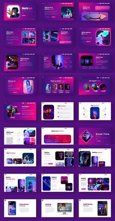 a purple and pink presentation board with lots of different slideshows on the screen