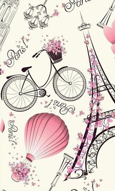 the eiffel tower is shown with pink flowers and balloons in front of it