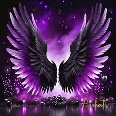 two large black wings with purple hues and bubbles in front of a dark background