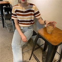 Vintage Striped Color O-Neck Knitted Shirt – Tomscloth 90s Striped Short Sleeve Tops, Striped Yarn-dyed Button-up Shirt, Yarn-dyed Striped Collared Shirt, Vintage Striped Short Sleeve T-shirt, Vintage Striped Cotton T-shirt, Knitted Shirt, Knit Shirt, Trending Now, Tank Dress