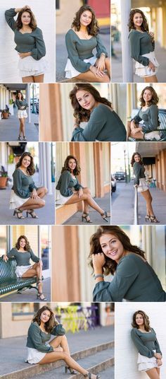 a collage of photos with a woman sitting on a bench and posing for the camera