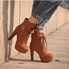 Brown Biker Boots, Autumn Shoes Women, Buckle Booties, Lace Up High Heels, Boots For Short Women, Spring Boots, Party Kleidung, Mini Robes, Brown Heels