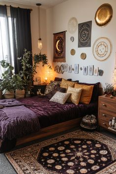 a bed room with a neatly made bed and lots of decorations