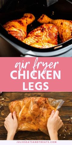 chicken legs in an air fryer with text overlay