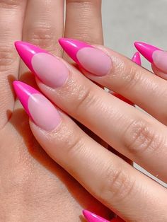 Hot Pink French Tips, French Stiletto Nails, Pink French Tips, Pink Stiletto Nails, Barbie Pink Nails, Stiletto Nails Short, French Manicure Designs, Natural Nail Designs