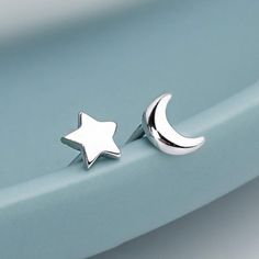 Tiny Moon and Star Earrings 925 Sterling Silver • Minimalist Earrings • Dainty Earrings • Gift for Her • Mothers Day Gift • Stud Earrings - Froppin Minimalist Moon-shaped Sterling Silver Cartilage Earrings, Minimalist Moon-shaped Cartilage Earrings, Silver Minimalist Moon Cartilage Earrings, Moon And Star Earrings, Stacked Earrings, Crescent Moon Earrings, Moon Studs, Mismatched Earrings, Star Studs