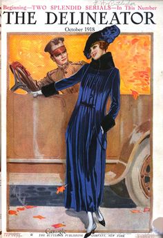 an old fashion magazine cover with a woman in a blue dress