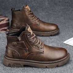 Men's Biker Boot Winter Outdoor Motorcycle Retro Style Leather Boots Man High Top Casual Shoes Mens Biker Boots, Men's Retro Style, Fabric Boots, Popular Boots, Shoes Trendy, Mens Leather Boots, Leather Wear, Brown Heels, Boot Types