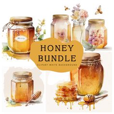 watercolor honey jars with flowers, bees and honey combs in them on a white background