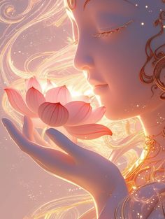 a woman holding a flower in her hand with the sun shining behind her and swirling hair