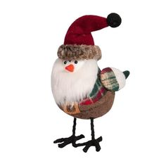 a stuffed bird with a santa hat and mittens on it's head, standing upright