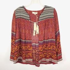 Entro Open Tie Front Boho Red Long Sleeve Blouse Top Sz S New New Size: S Color: Red 100% Rayon Hand Wash Chest (Underarm To Underarm): 21" Waist (Flat Across): 21" Length (Side Of Neck Seam To Hem): 24.5" Sleeve Length (From Shoulder Seam Out): 23" Red Long Sleeve Beach Blouse, Rayon Tops For Fall Festival, Rayon Blouse For Fall Festival, Red Long Sleeve Blouse For Vacation, Red Boho Print V-neck Top, Red Boho Print Tops For Vacation, Red Long Sleeve Bohemian Blouse, Summer Red Boho Print Top, Casual Red Blouse For Festival