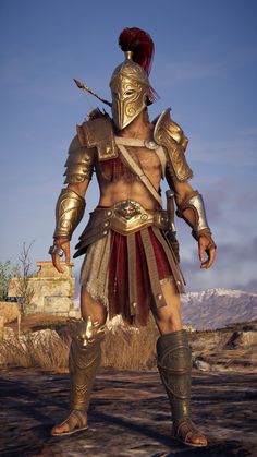 an image of a man in armor standing on a dirt field with mountains in the background