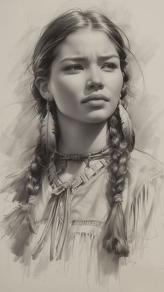 a black and white drawing of a woman with braids