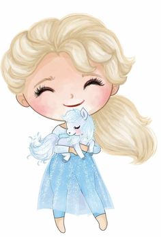 a drawing of a girl with blonde hair holding a white unicorn in her arms and smiling