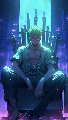 an anime character sitting on a throne with swords in his hands and looking at the camera