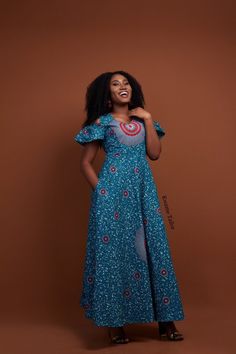 Kumea Maxi  Dress Fitted Blue Maxi Dress With Pockets, Fitted Blue Dresses With Side Pockets, Blue Short Sleeve Dress With Side Pockets, African Maxi Dress, African Print Shirt, Africa Style, African Princess, Long African Dresses, Dress Ankara