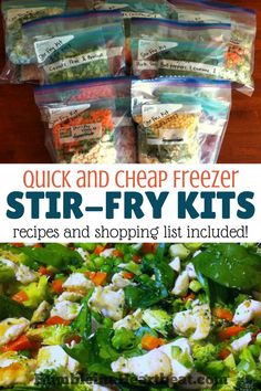 four bags of freezer stir fry sit on top of a wooden table with the text, quick and cheap freeze stir - fry kits recipes and shopping list included